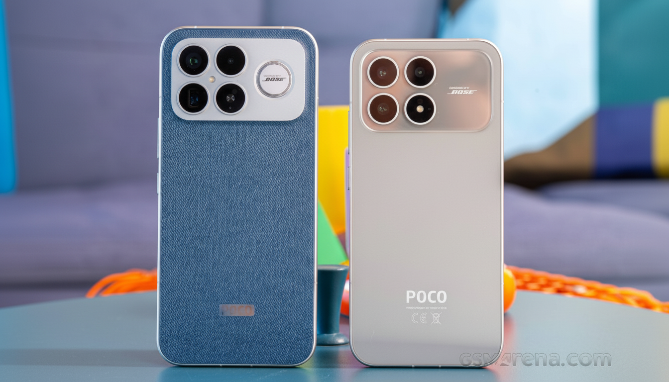Two smartphones, one blue with a textured back and the other silver, are displayed side-by-side on a surface with a blurred background.