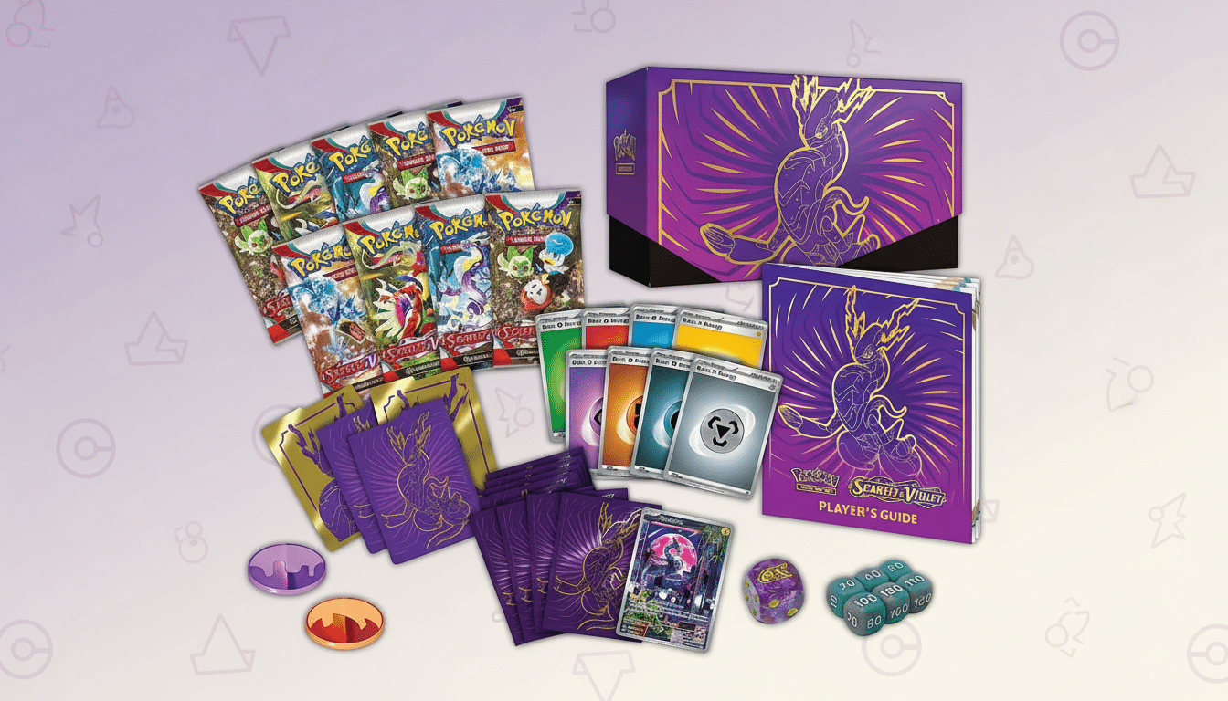 A collection of Pokémon Scarlet & Violet trading card game items, including booster packs, a players guide, card sleeves, energy cards, a dice set, and a storage box, all arranged on a light purple background with subtle Pokémon-themed patterns.