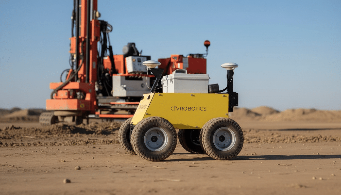 A yellow CIVROBOTICS rover with four large wheels on a dirt ground, with construction equipment in the background under a clear sky.