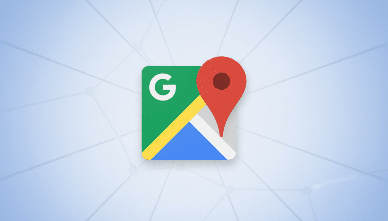 The Google Maps app icon, featuring a stylized map with a red location pin, set against a professional light blue background with a subtle network pattern.