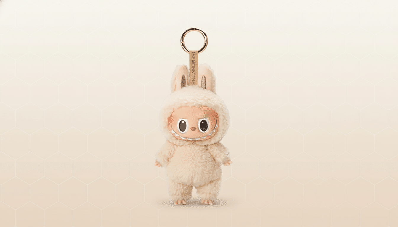 A plush keychain featuring a character in a cream-colored bunny suit, with a professional flat design background.