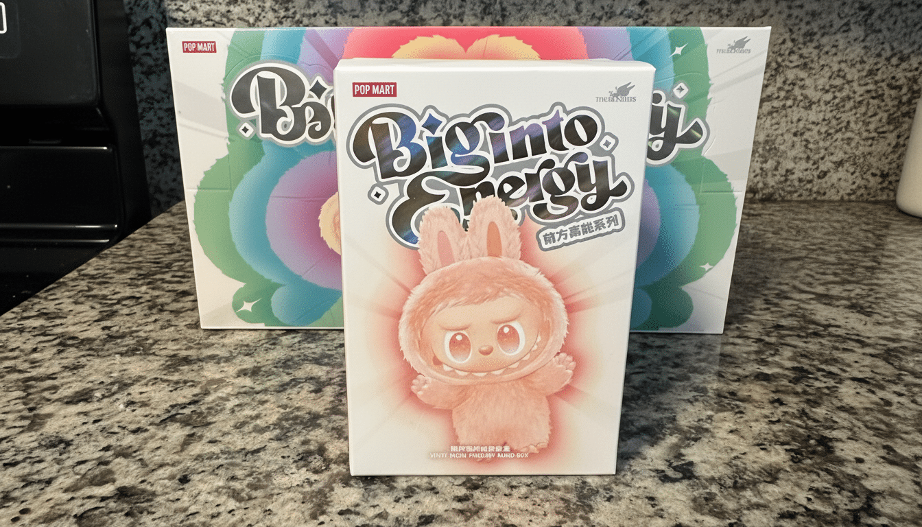 A Pop Mart Biginto Energy vinyl figure blind box featuring a pink, fluffy rabbit-like creature with large eyes and a small mouth, standing in front of a larger box with similar branding.