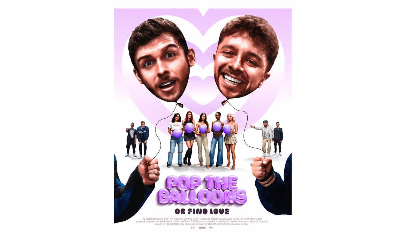A movie poster for Pop The Balloons Or Find Love featuring two mens faces as balloons, with several people holding balloons below them, and two more groups of people on either side.