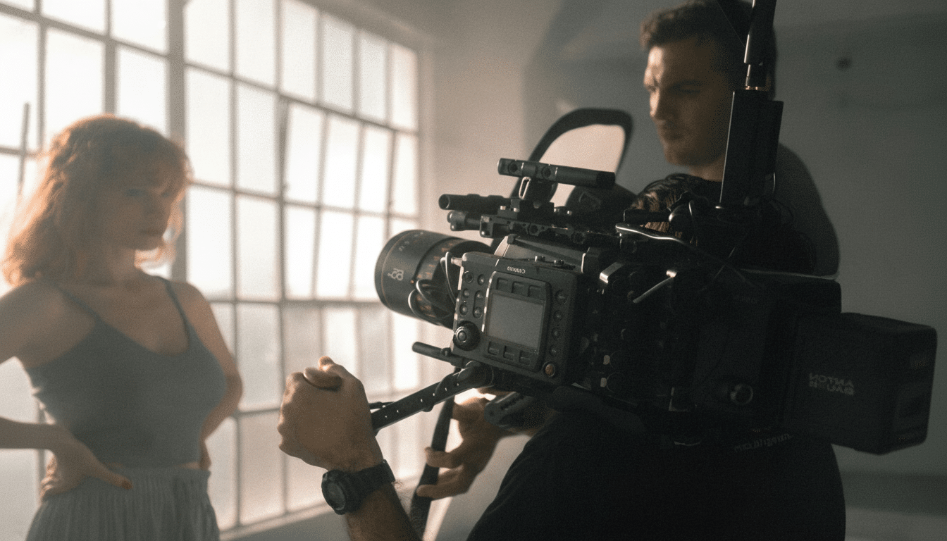 A cameraman filming a woman in a room with large windows.