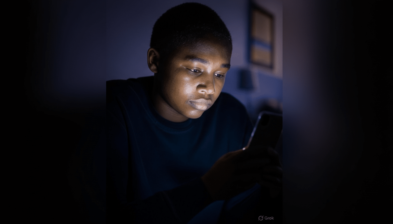 A young person with dark skin looks intently at a smartphone, their face illuminated by the screens glow in a dimly lit room.