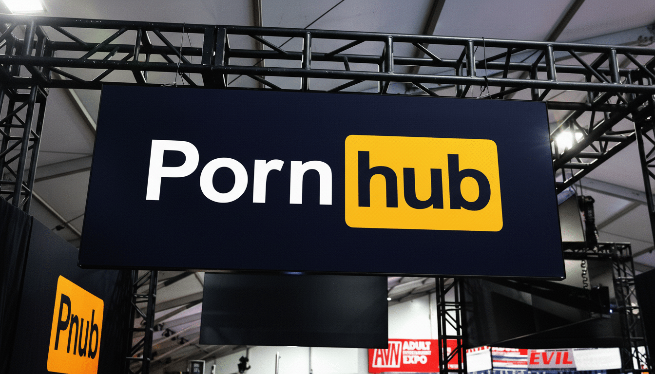The Pornhub logo displayed on a large, rectangular sign at an event.