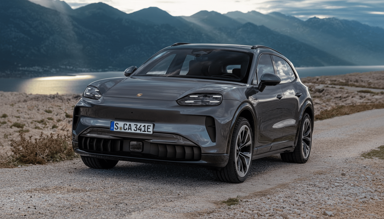 A dark grey Porsche Cayenne parked on a dirt road with mountains and water in the background, resized to a 16:9 aspect ratio.