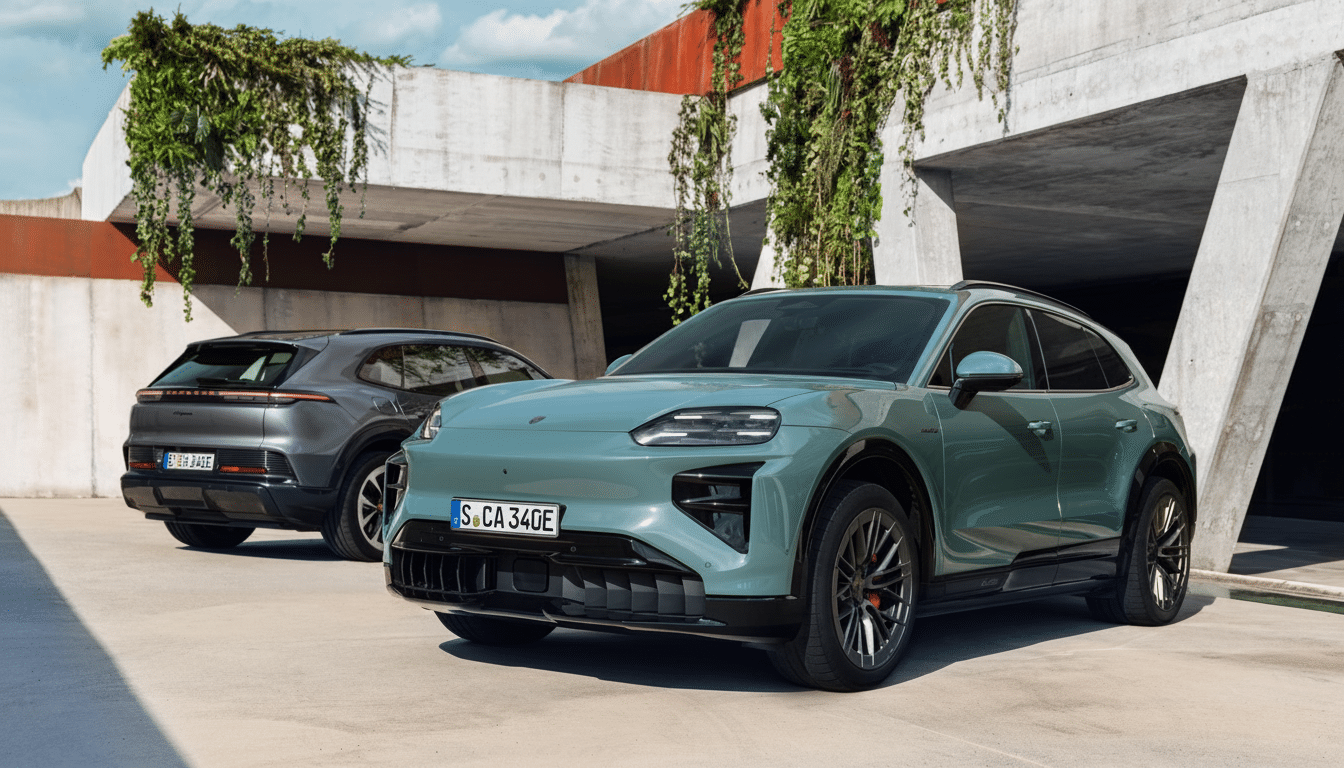 Two Porsche Macan EVs, one teal and one dark gray, parked in front of a modern concrete building with lush green foliage.