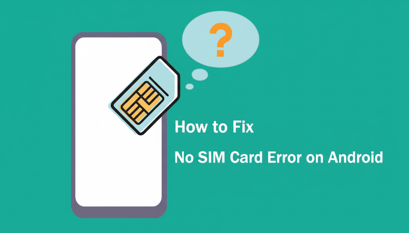 An image with a 16:9 aspect ratio showing a smartphone and a SIM card with a question mark, and the text How to Fix No SIM Card Error on Android.