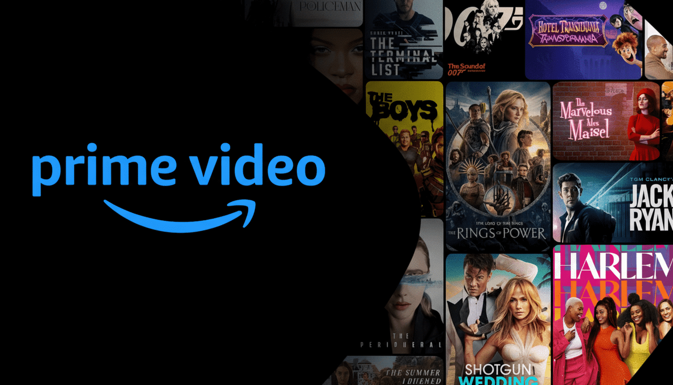 The Prime Video logo in blue text and a blue arrow on a black background, with a collage of movie and TV show posters visible on the right side.
