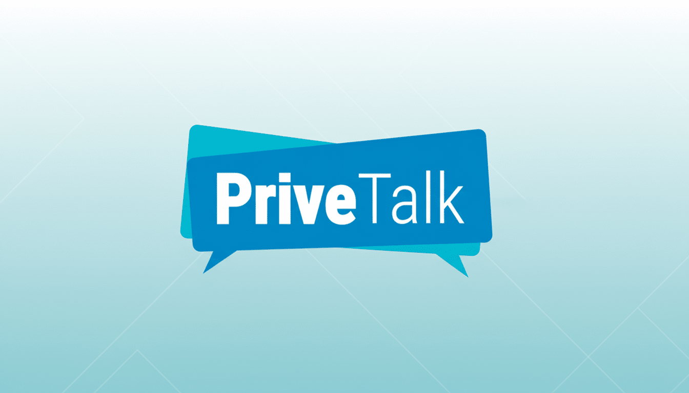 The PriveTalk logo, featuring the word PriveTalk in white text on a blue speech bubble, set against a professional flat design background with soft blue gradients and subtle patterns.