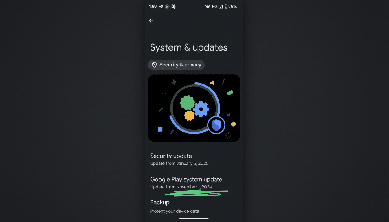 A screenshot of the System & updates screen on a mobile device, showing options for Security & privacy, Security update, Google Play system update, and Backup. The image has been resized to a 16:9 aspect ratio.