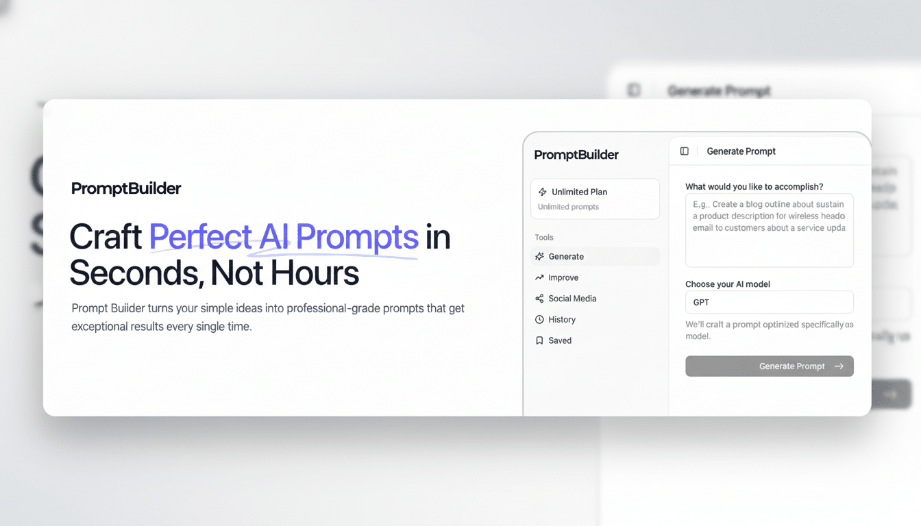A screenshot of the PromptBuilder application interface, showcasing its ability to craft perfect AI prompts in seconds.
