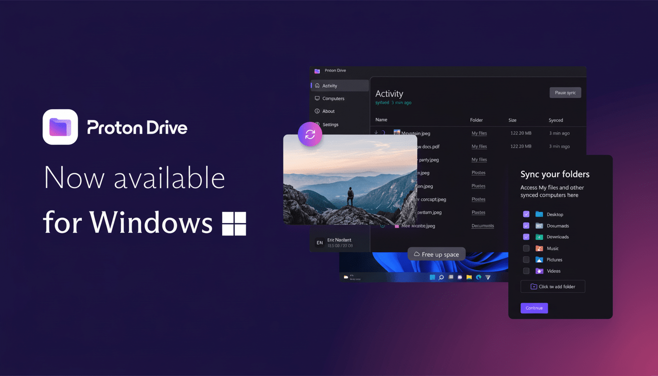 A promotional image for Proton Drive, showing its interface on a desktop with a dark theme. The left side features the Proton Drive logo and text Now available for Windows. The right side displays the Proton Drive application window, showing an Activity tab with a list of files and folders, and a Sync your folders section. A smaller window shows a scenic mountain landscape.