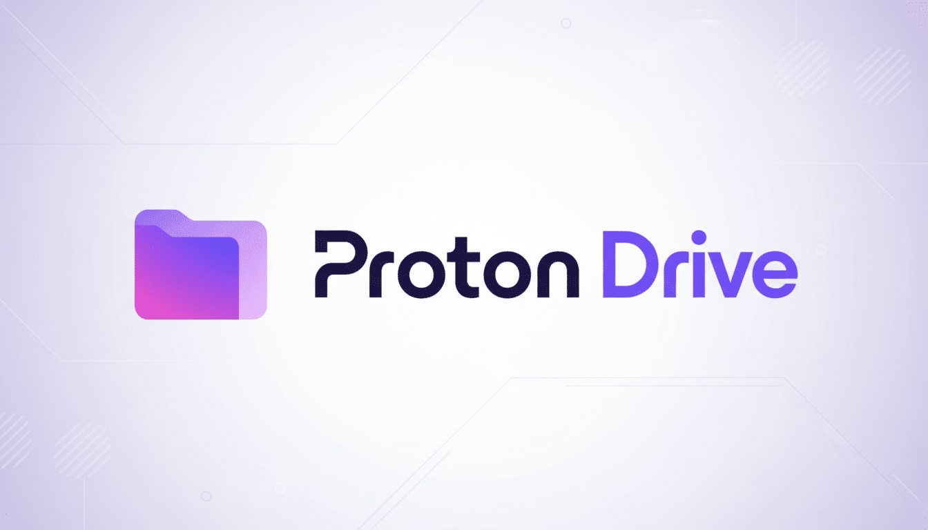 The Proton Drive logo, featuring a purple and pink gradient folder icon next to the words Proton Drive in dark and light purple text, set against a professional light purple background with subtle geometric patterns.