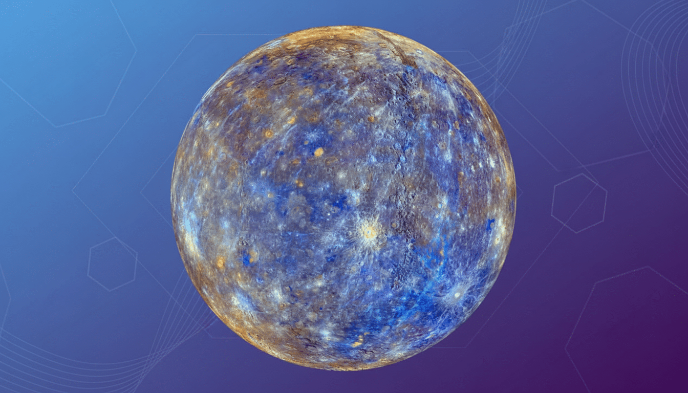 The planet Mercury, rendered in false colors to highlight surface features, set against a professional flat design background with soft blue and purple gradients and subtle hexagonal patterns.