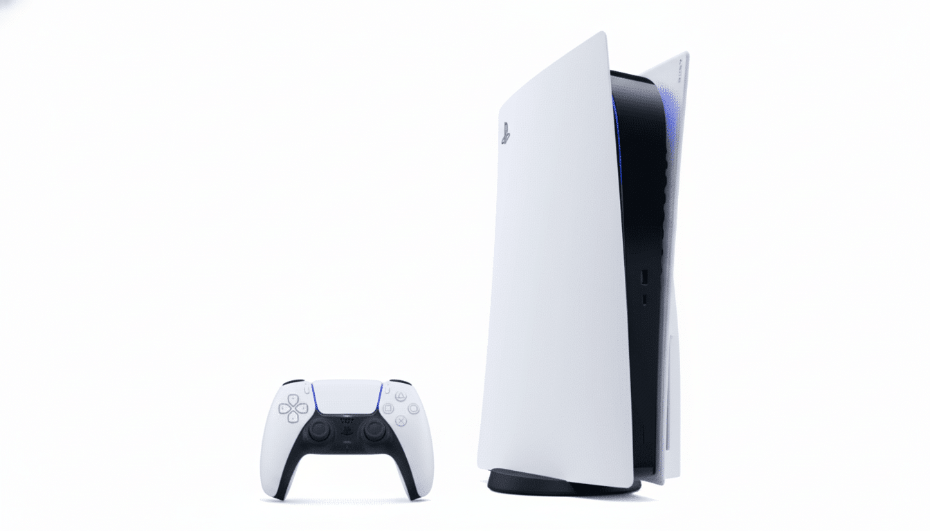 A white PlayStation 5 console stands upright next to a white DualSense controller, both against a plain white background.