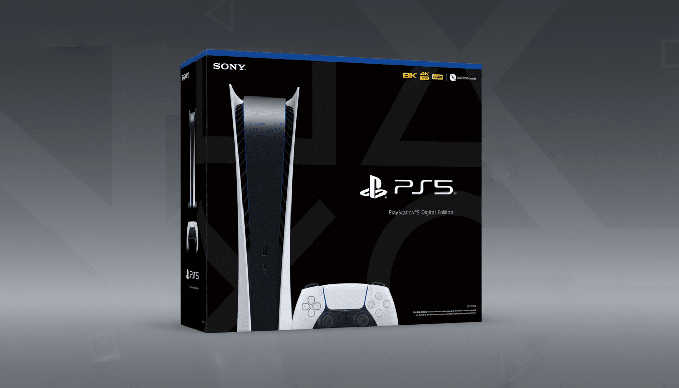 A professional, enhanced image of a PlayStation 5 Digital Edition box and console, resized to a 16:9 aspect ratio with a clean, dark gray background featuring subtle geometric patterns.