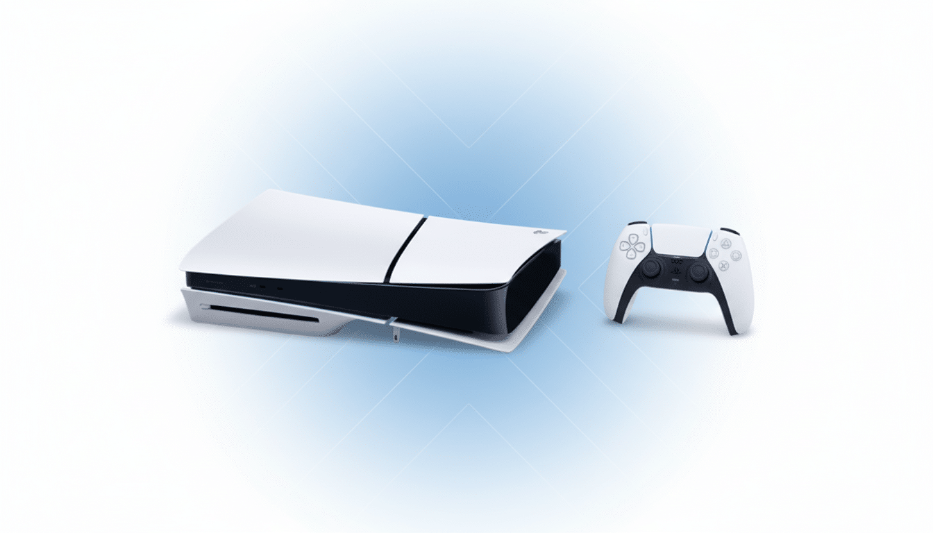 A white PlayStation 5 console and a matching DualSense controller are displayed on a professional flat design background with soft blue gradients and subtle geometric patterns.