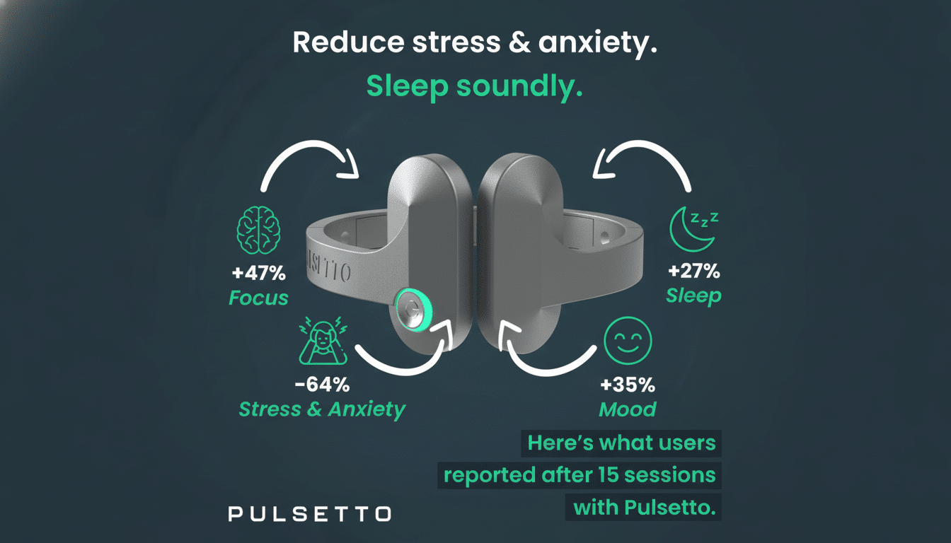 A professional image of a Pulsetto device with text overlays indicating benefits like reduced stress and anxiety, improved sleep, focus, and mood, all presented on a dark background with a subtle gradient.