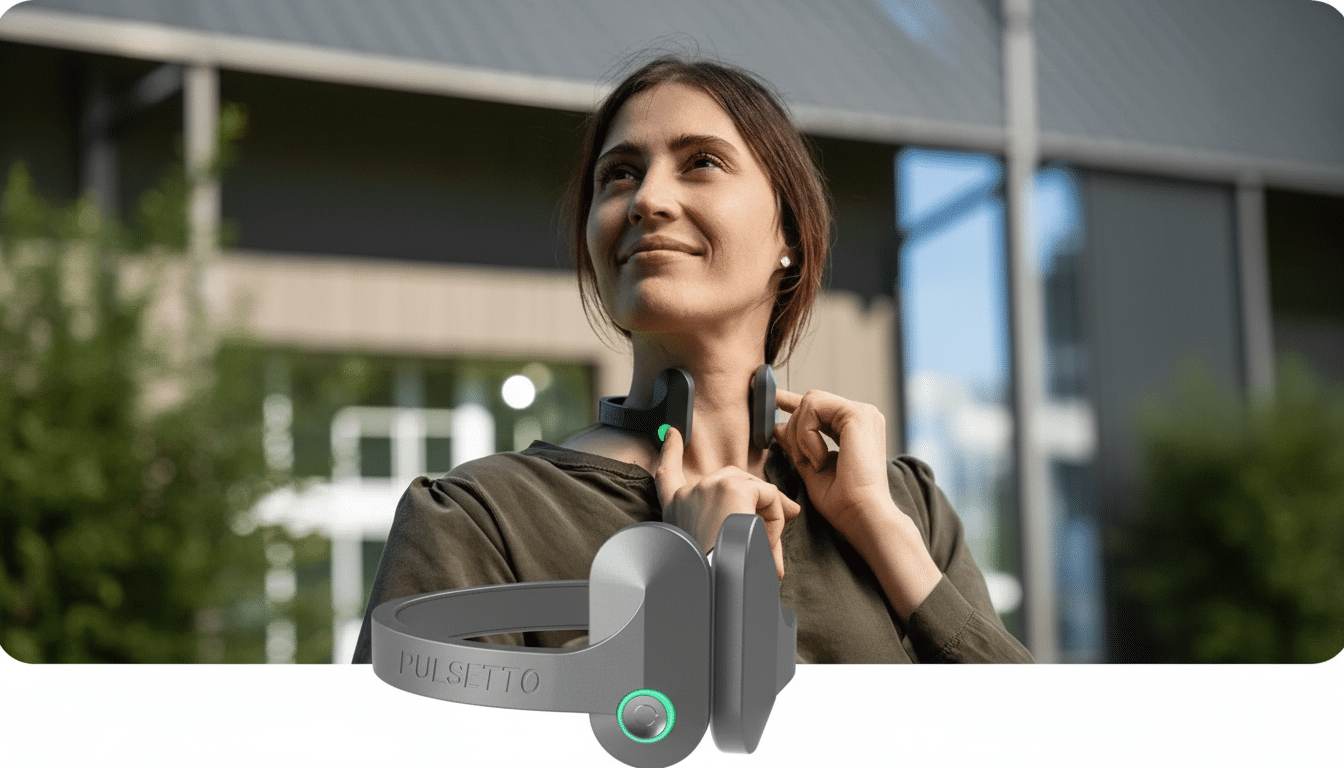 A woman wearing a Pulsetto device around her neck, looking up and smiling, with a larger Pulsetto device in the foreground. The background is a blurred outdoor setting with buildings and trees.