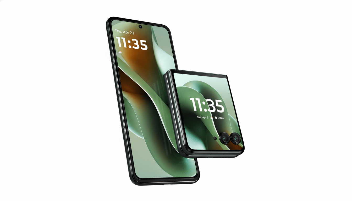 A sleek, modern smartphone and a compact foldable phone are displayed against a clean white background. The smartphone is upright, showing a screen with the time 11:35 and a green, abstract wallpaper. The foldable phone is positioned in front, slightly angled, also displaying 11:35 on its smaller screen with a similar green wallpaper.