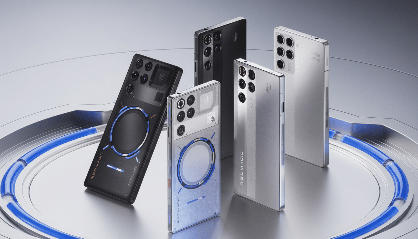 Four Redmagic smartphones are displayed on a futuristic, metallic platform with blue glowing accents. Two phones are black, and two are silver, showcasing their sleek designs and camera arrays.