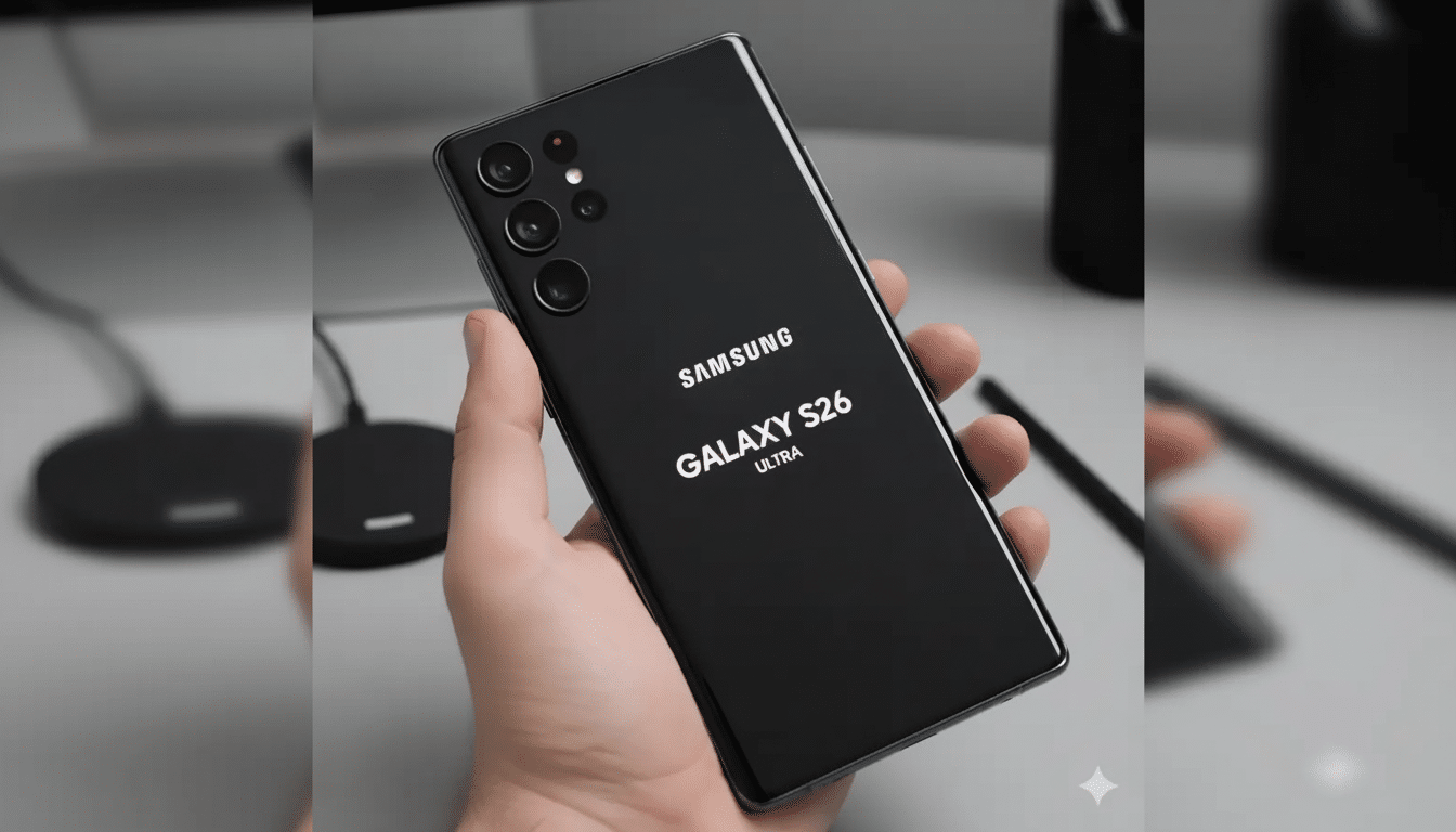 A hand holding a black Samsung Galaxy S26 Ultra smartphone, with the screen displaying SAMSUNG GALAXY S26 ULTRA in white text. The background is a blurred office desk with a wireless charger and a monitor.