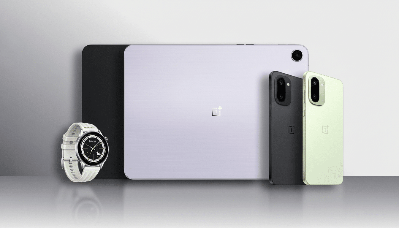 A white smartwatch, a black smartphone, a light green smartphone, and a light purple tablet, all featuring the OnePlus logo, are arranged on a gradient background.