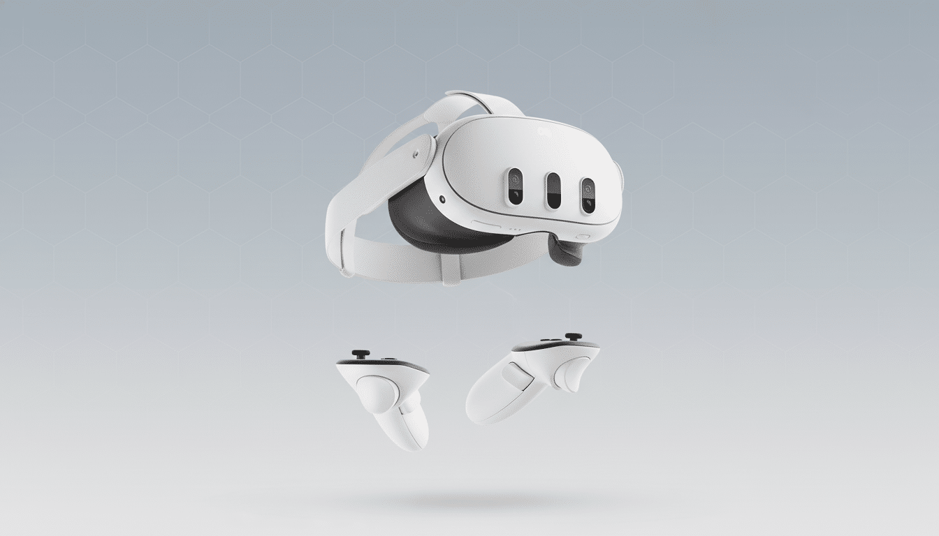 A white virtual reality headset and two controllers floating against a light gray background with a subtle hexagonal pattern.