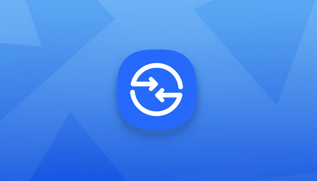 A blue square icon with rounded corners featuring a white circular arrow symbol, where two arrows point towards each other in a continuous loop, set against a professional blue gradient background with subtle geometric patterns.