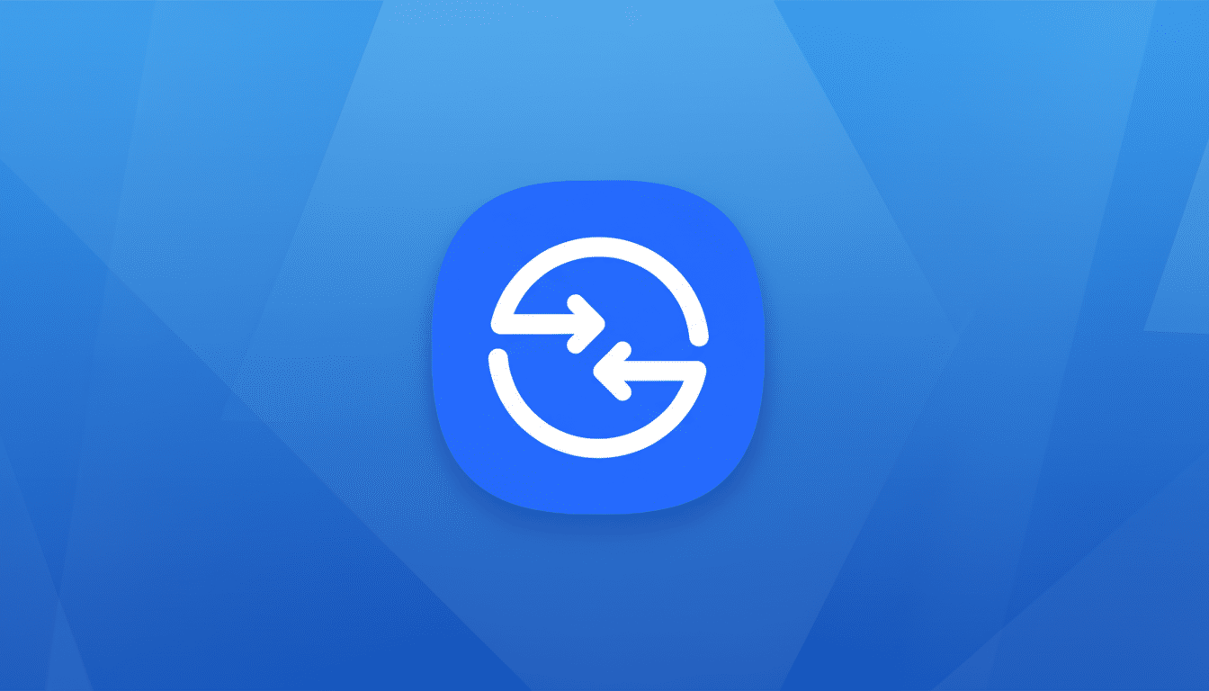 A blue square icon with rounded corners featuring a white circular arrow symbol, where two arrows point towards each other within the circle, set against a professional blue gradient background with subtle geometric patterns.