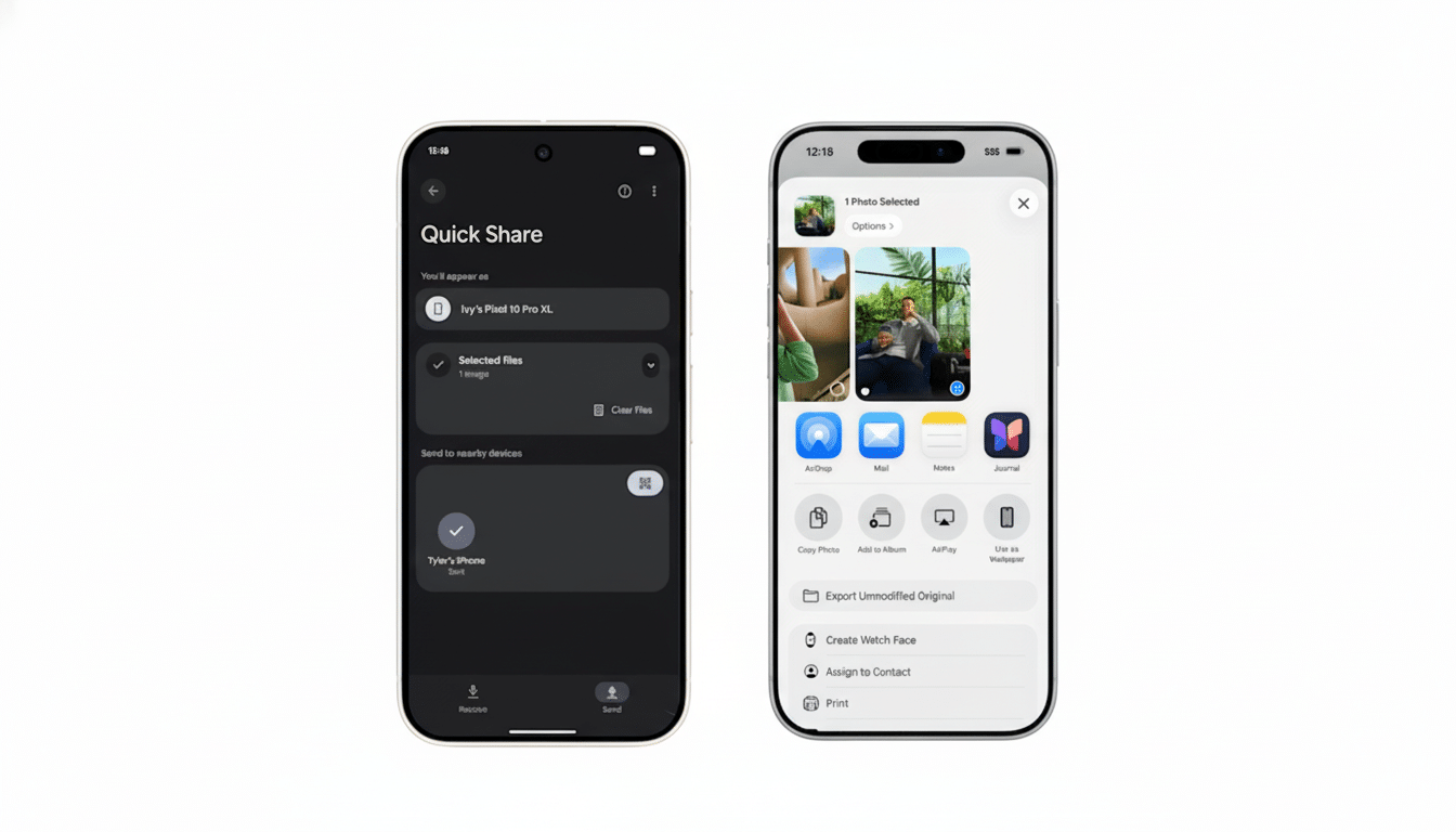 A side-by-side comparison of Googles Quick Share interface on a dark-themed Android phone and Apples Share Sheet on a light-themed iPhone.