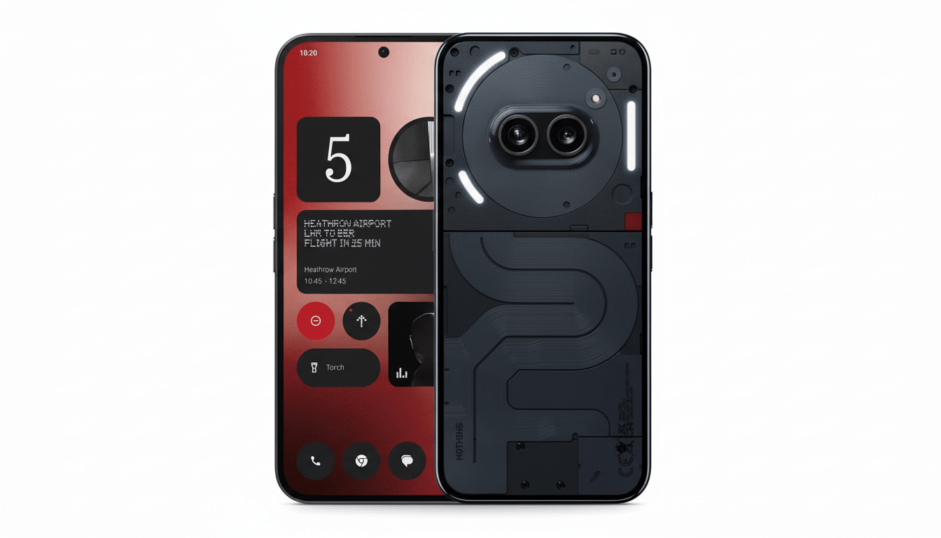 A Nothing Phone (2) in dark gray, shown from the front and back, with the front displaying a red-themed interface and the back showcasing its transparent design with illuminated Glyph Interface elements.