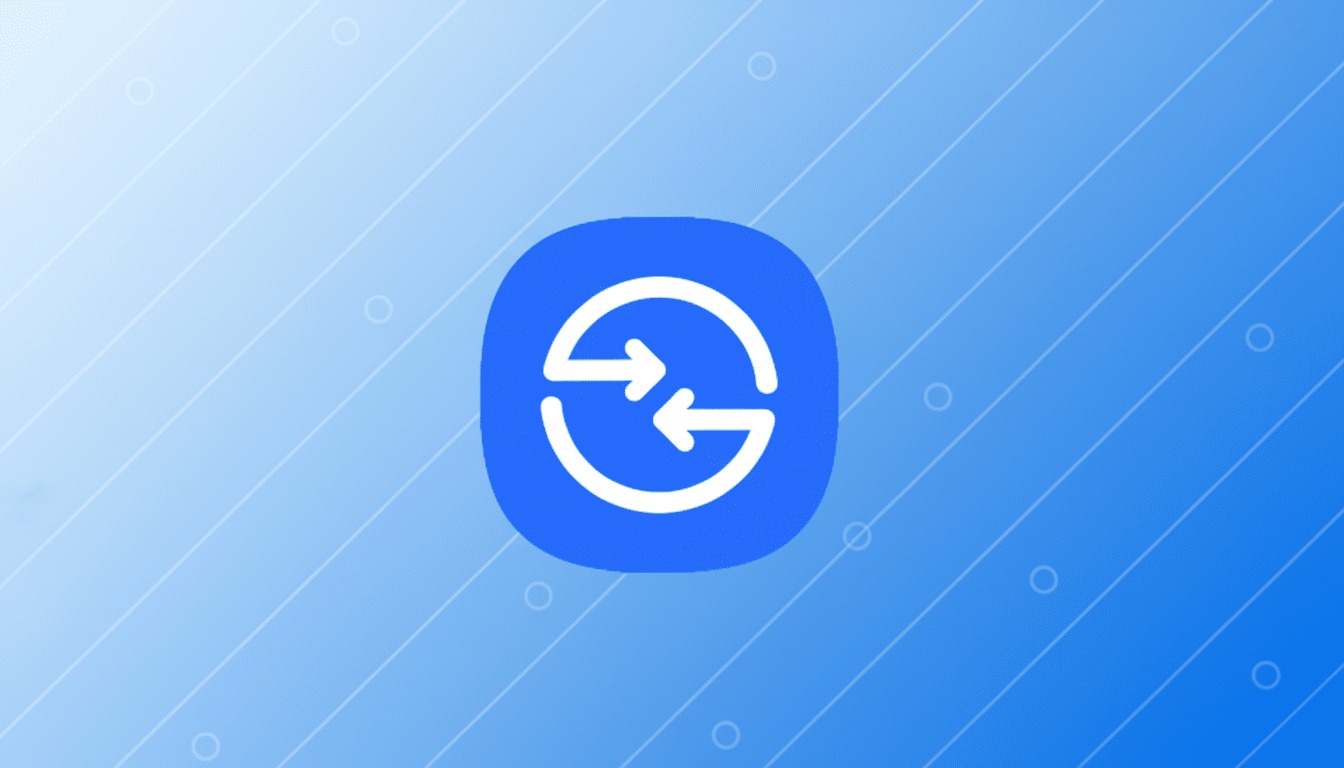 A blue square icon with rounded corners featuring a white circular arrow symbol, set against a professional blue gradient background with subtle white geometric patterns.