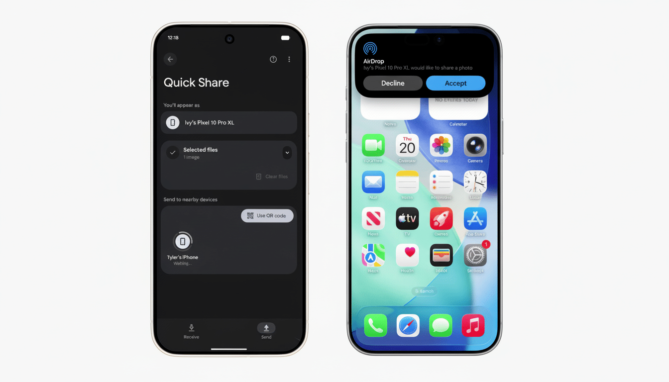 A side-by-side comparison of a Google Pixel phone displaying the Quick Share interface and an iPhone displaying an AirDrop notification.