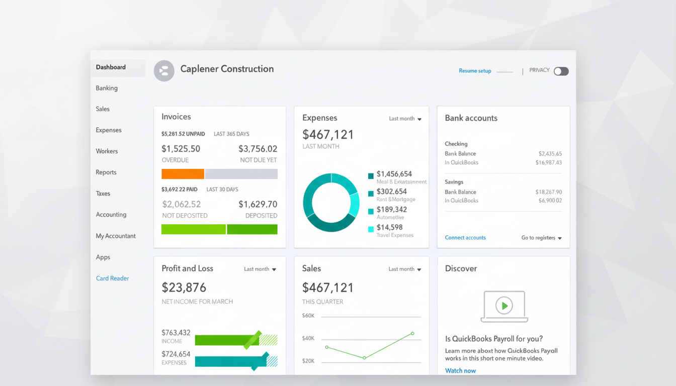 A resized and enhanced screenshot of the QuickBooks dashboard, displaying financial summaries for invoices, expenses, bank accounts, profit and loss, sales, and a Discover section.