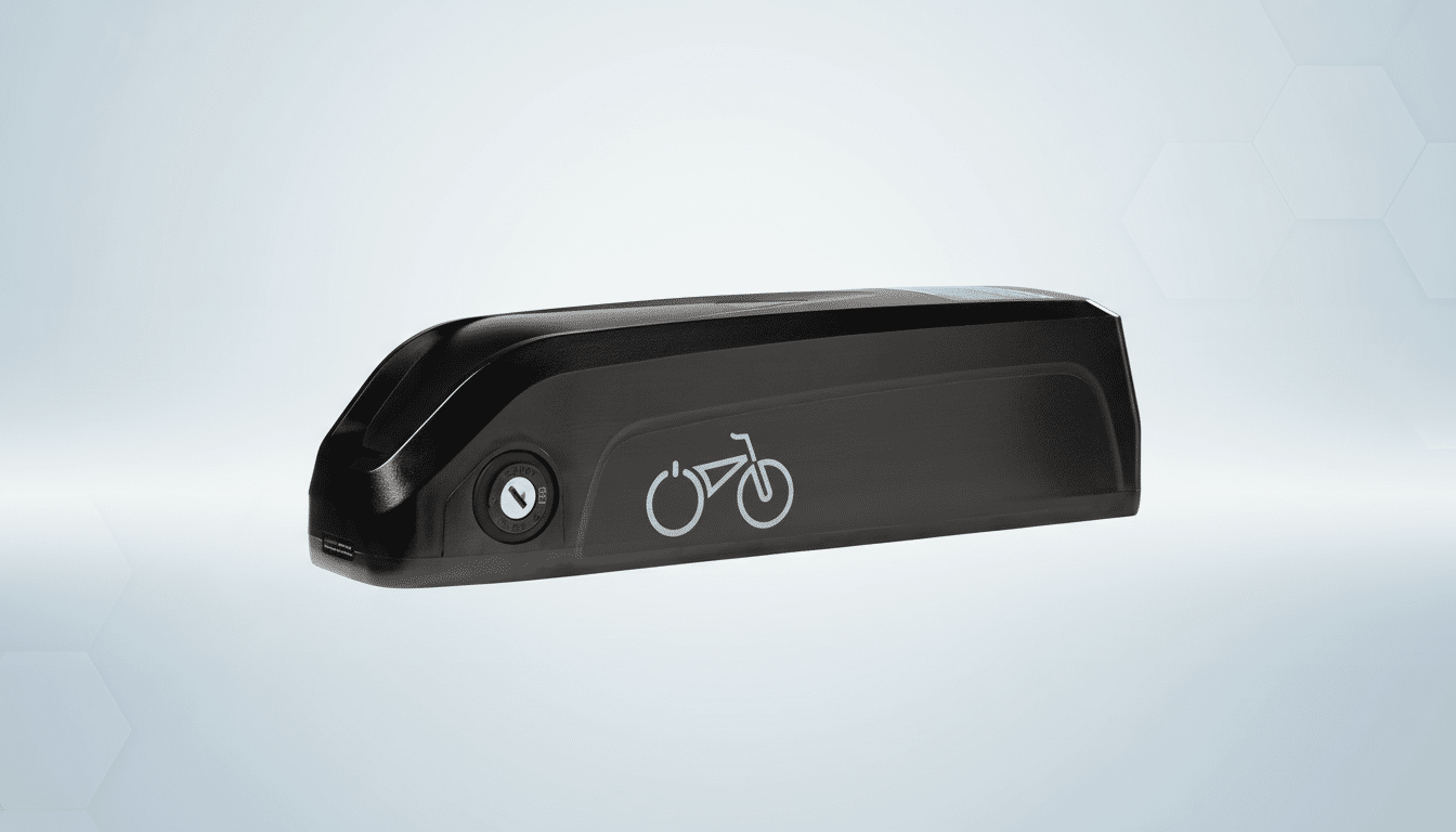 A black e-bike battery pack with a silver bicycle icon and a keyhole, presented on a professional light gray background with subtle geometric patterns.