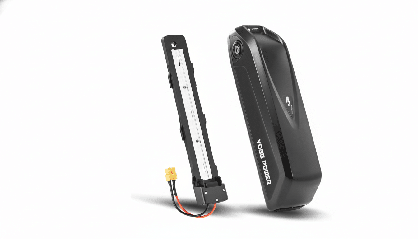 A black YOSE POWER e-bike battery and its mounting bracket are displayed on a clean white background.