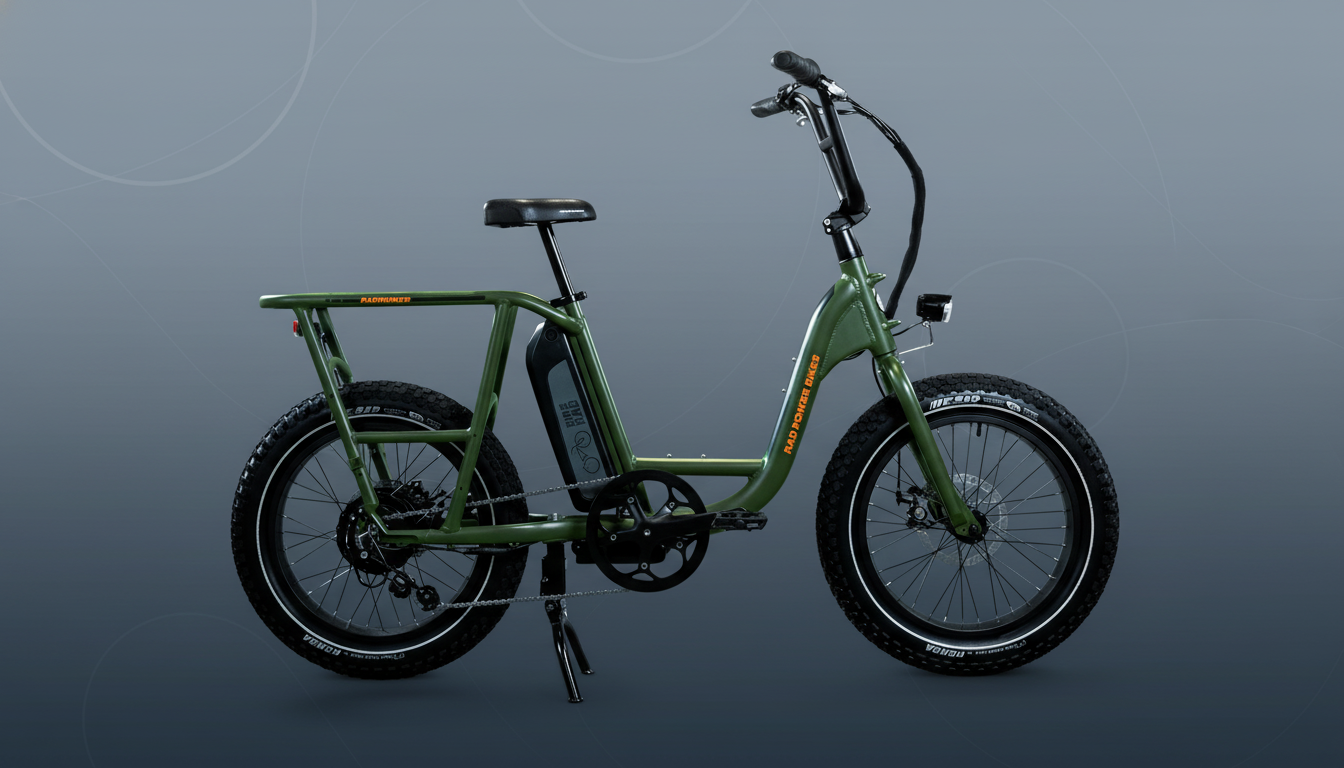 A green RadRunner electric utility bike with thick tires and a rear rack, presented on a professional gray gradient background with subtle circular patterns.