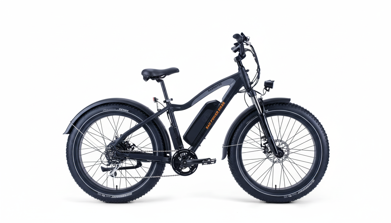 A black electric bicycle with thick tires and a battery pack on the frame, presented against a clean white background.