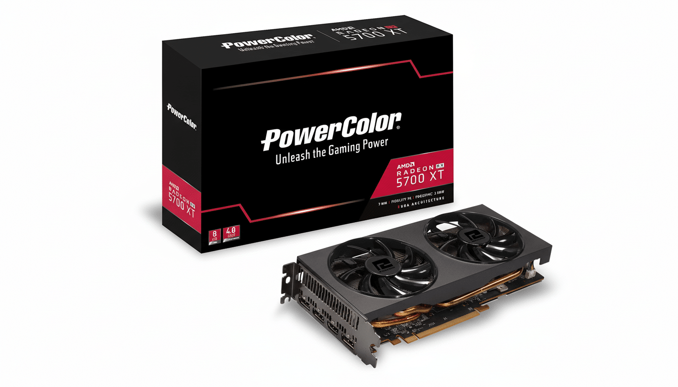 A PowerColor Radeon RX 5700 XT graphics card and its black and red packaging, presented on a clean white background.