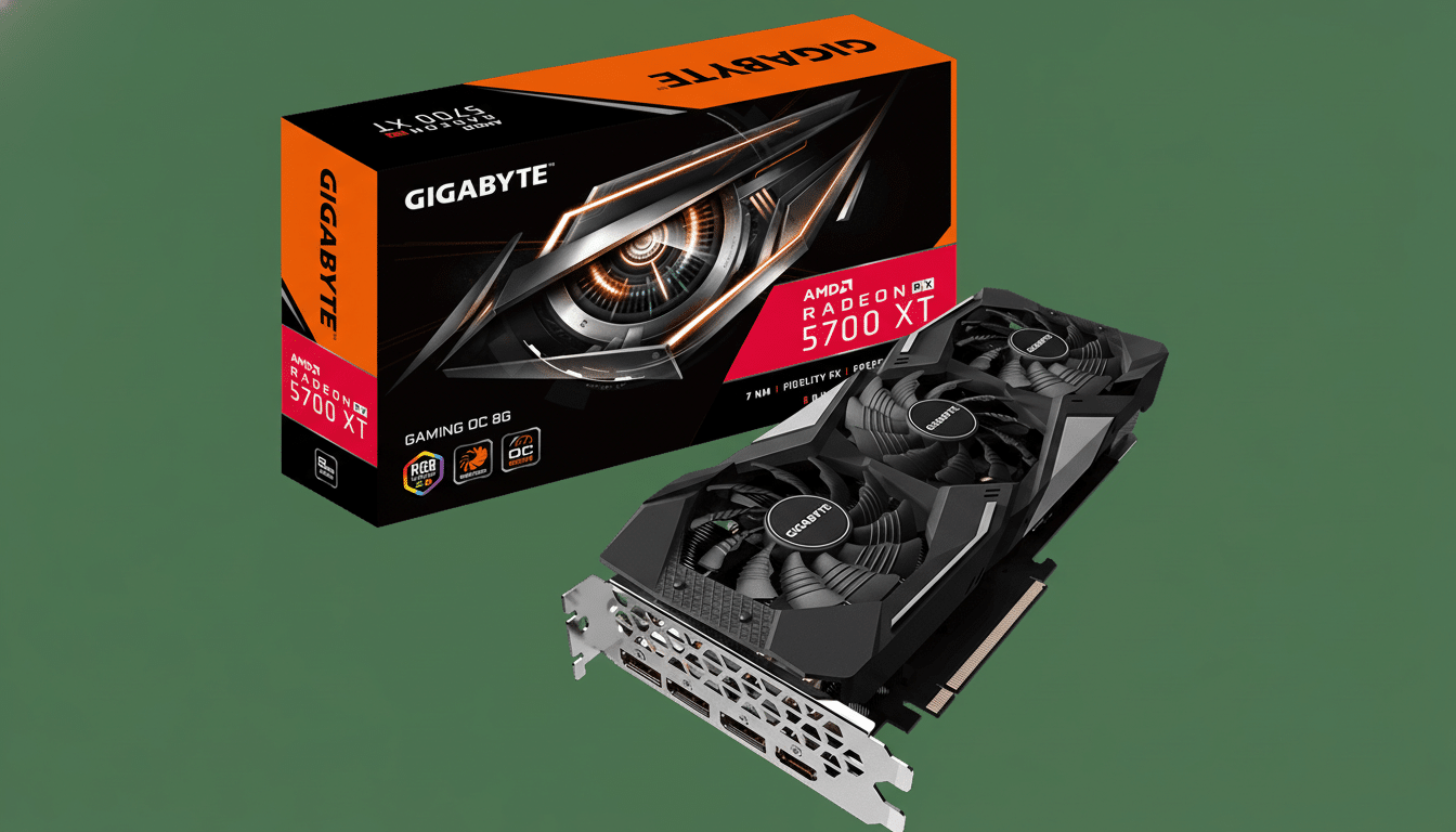 A Gigabyte AMD Radeon RX 5700 XT graphics card and its retail box are displayed on a dark green background.