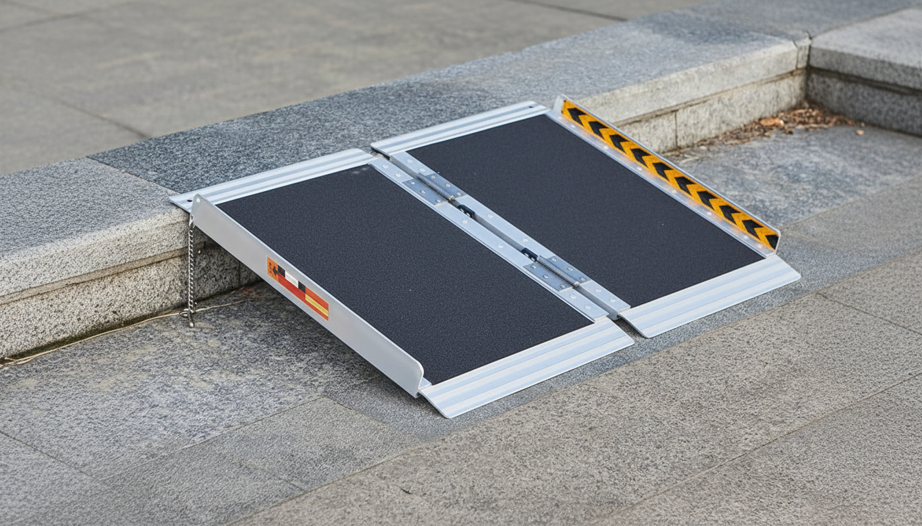 A portable, foldable wheelchair ramp made of aluminum and black non-slip material, extending from a concrete step onto a paved surface.