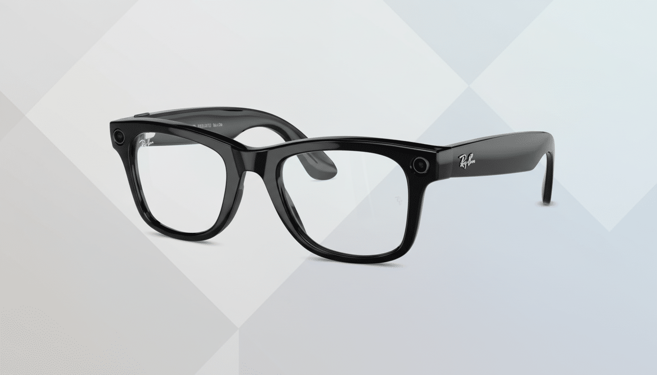 A pair of black Ray-Ban smart glasses with clear lenses, presented on a professional flat design background with soft geometric patterns in shades of grey and white.