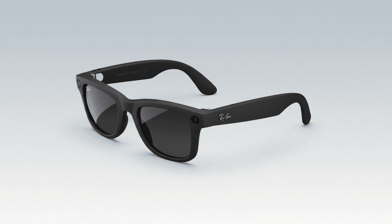 A pair of black Ray-Ban smart glasses with dark lenses, presented on a professional flat design background with a subtle hexagonal pattern and a soft gradient.