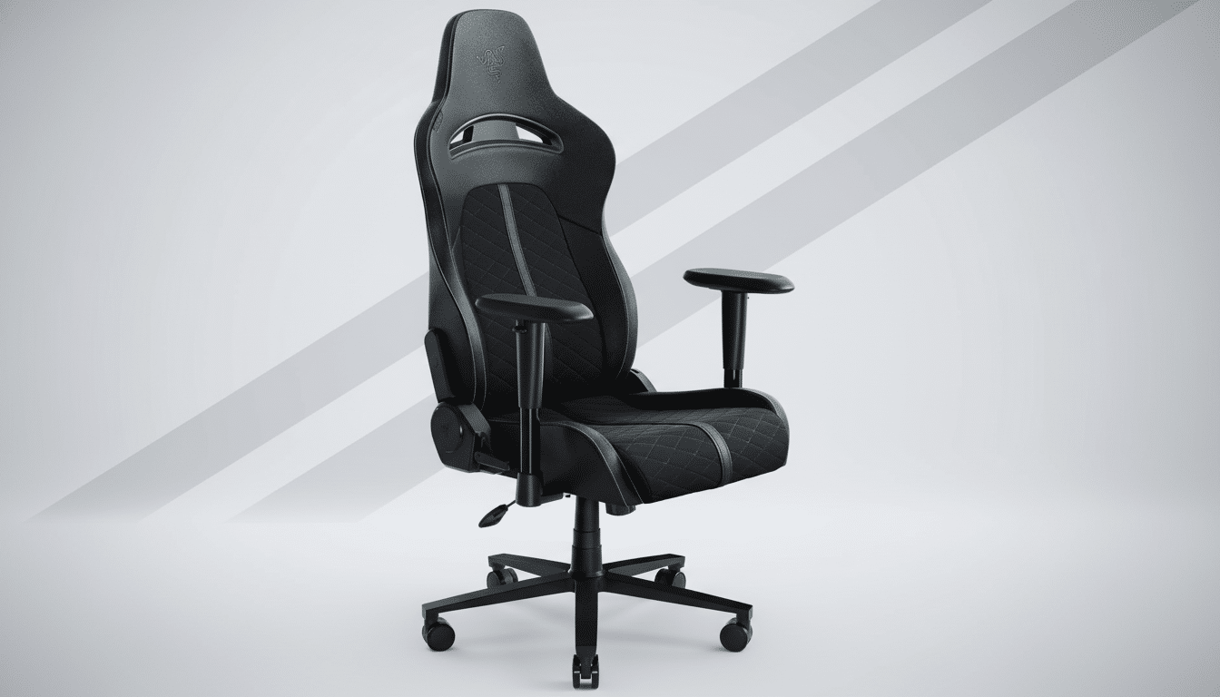 A black gaming chair with green accents and a Razer logo on the headrest, set against a professional light gray background with subtle diagonal lines.