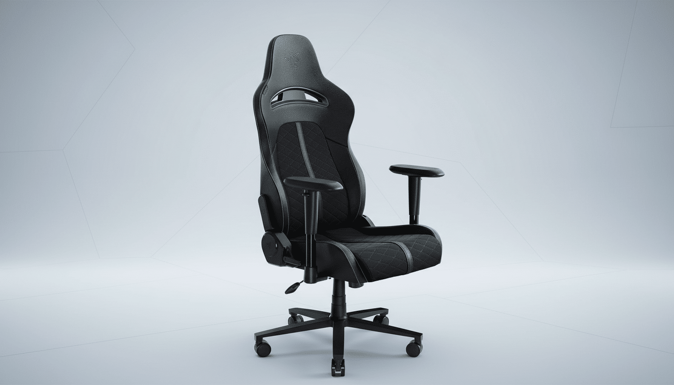 A black gaming chair with green accents and a Razer logo on the headrest, set against a professional light gray background with subtle geometric patterns.