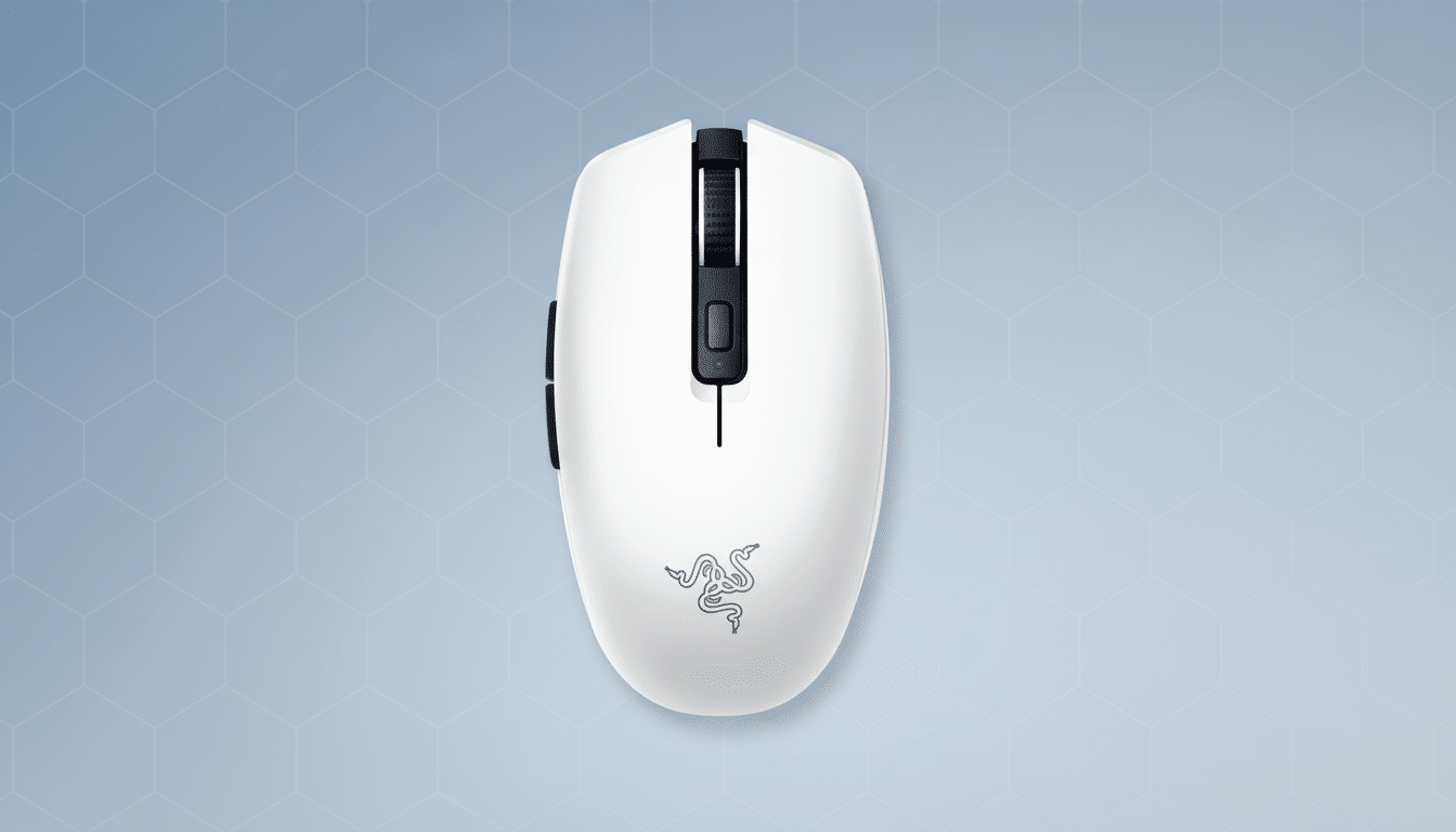 A white Razer gaming mouse with a black scroll wheel and side buttons, featuring a green LED light, presented on a professional light blue background with a subtle hexagonal pattern.