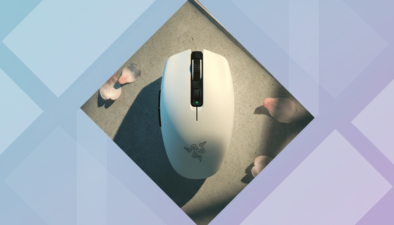 A white Razer gaming mouse with a black scroll wheel and green LED light, centered on a gray surface with scattered pink flower petals. The background is a professional flat design with soft blue and purple gradients and subtle geometric patterns.
